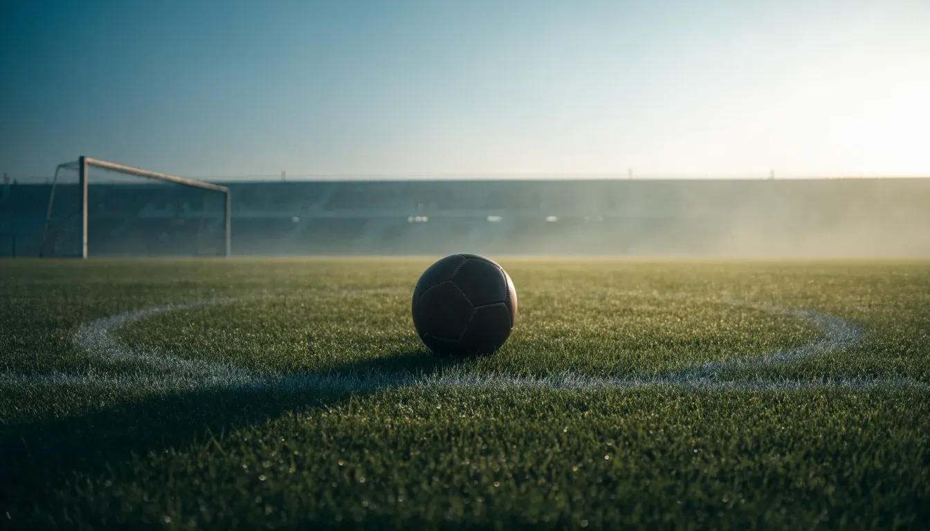 Ein einzelner Fussball liegt auf dem Anstosspunkt eines leeren Rasenplatzes am frühen Morgen, Tau glitzert auf dem Gras, die Tribüne liegt im Dunst.