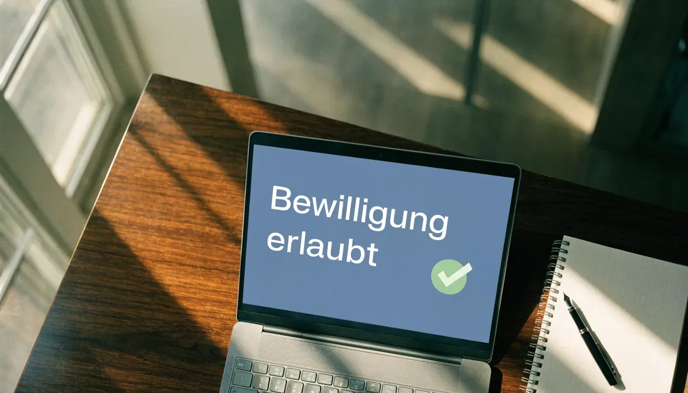 Ein schwerer Holztisch in einem hellen Büro mit einem leeren Notizblock und einem Füllfederhalter, Licht fällt durch ein hohes Fenster.