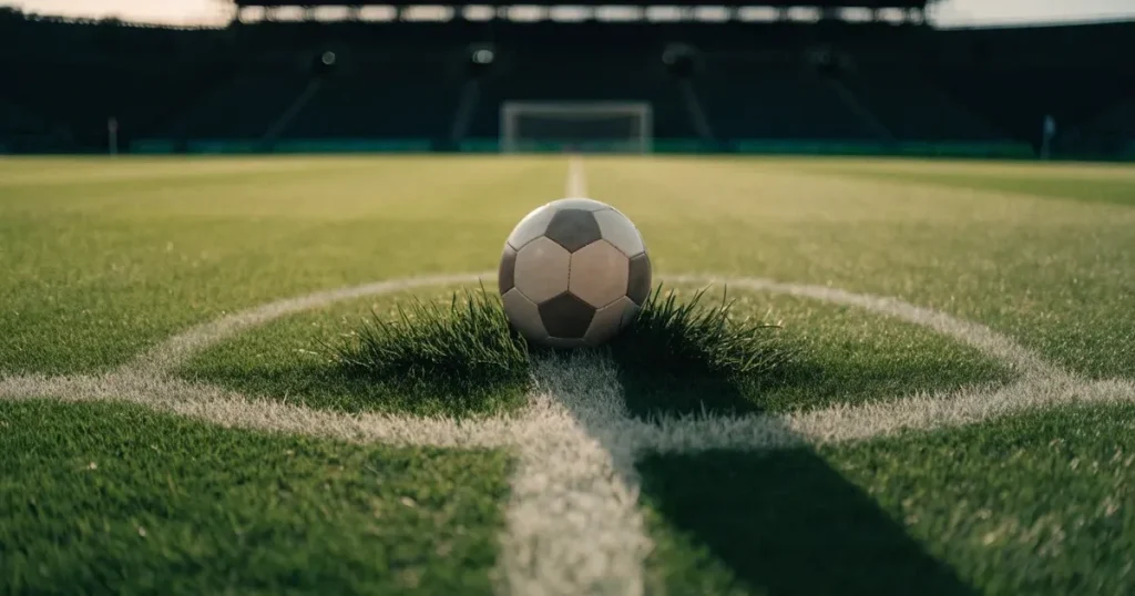 Ein Fussball liegt auf dem Mittelkreis eines Rasenfelds, die weissen Linien kreuzen sich auf dem gepflegten Gras im warmen Abendlicht.