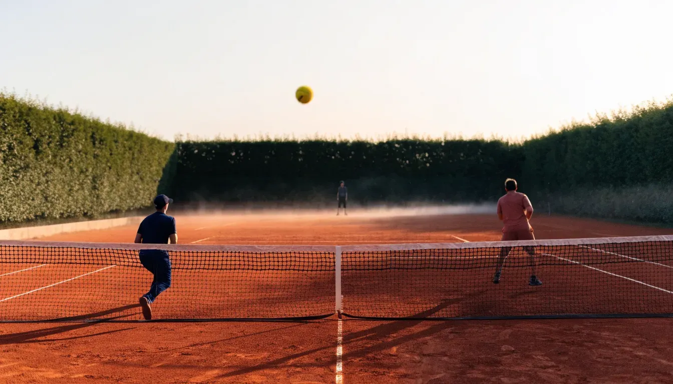 Ein Tennisplatz bei Sonnenaufgang, die Linien frisch gezogen, das Netz in der Mitte und Nebel über dem Boden.