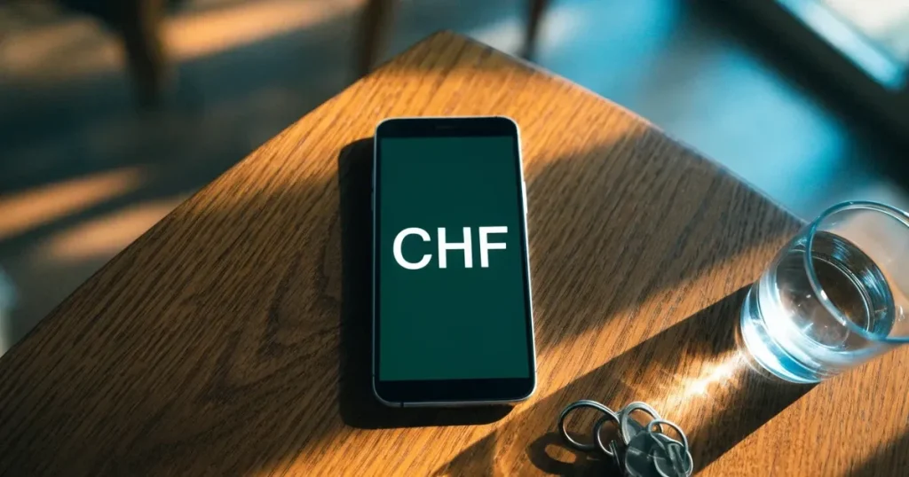 Ein Smartphone mit schwarzem Display liegt auf einem Holztisch neben einem Glas Wasser und einem Schlüsselbund.