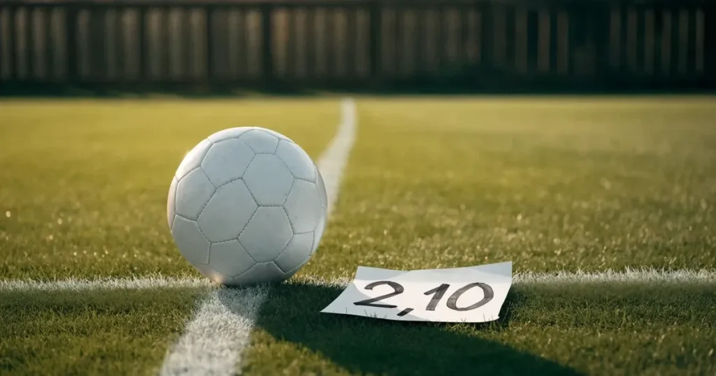 Ein Fussball und ein Massband liegen auf kurz geschnittenem Rasen neben einer Kreidelinie, Morgenlicht von der Seite.