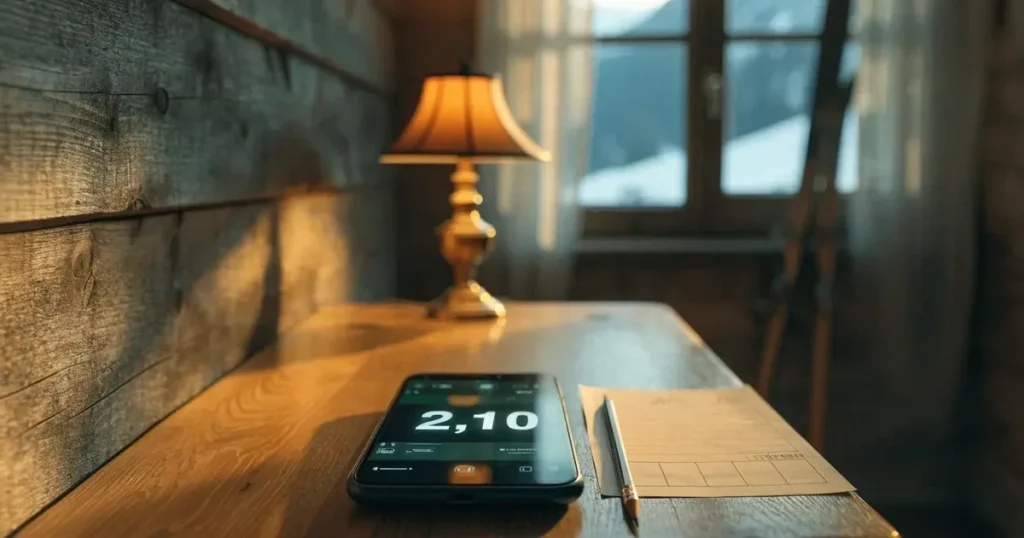 Mehrere Skier und Stöcke lehnen ordentlich in einer Reihe an der Holzwand einer Berghütte, vor dem Fenster liegt Schnee.