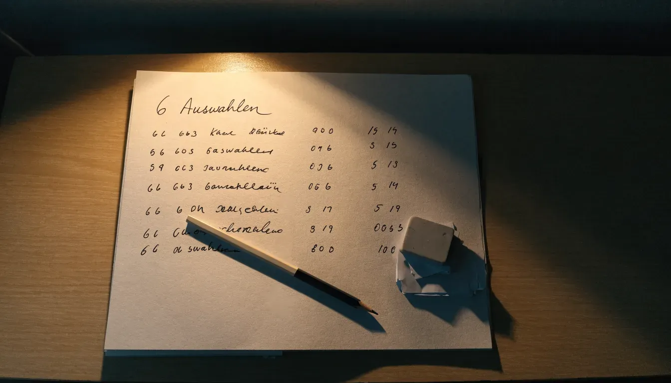 Ein Bleistift und ein Radiergummi liegen auf einem kleinen Stapel Notizzettel, gelbes Licht einer Schreibtischlampe.