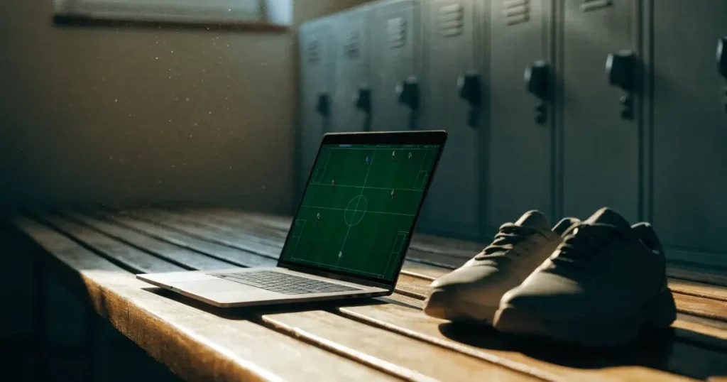 Eine Reihe Sportschuhe steht auf einer Bank in einer Umkleide, Licht fällt aus einem hohen Fenster.
