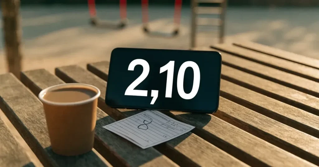 Ein Smartphone mit dunklem Display liegt auf einer Parkbank, daneben ein Kaffeebecher, im Hintergrund ein Spielplatz.