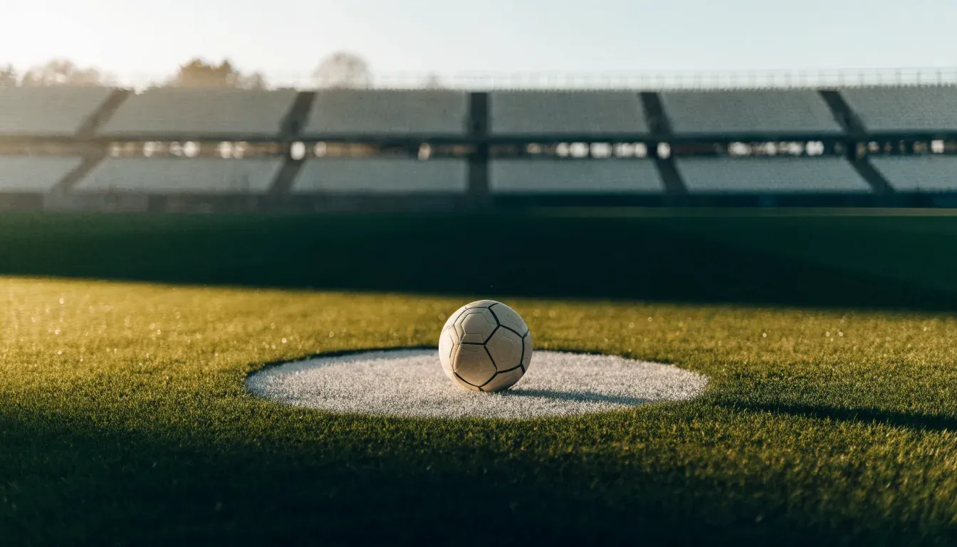 Ein Fussball liegt auf dem Anstosspunkt eines leeren Rasenplatzes im frühen Morgenlicht, dahinter erhebt sich eine menschenleere Tribüne.