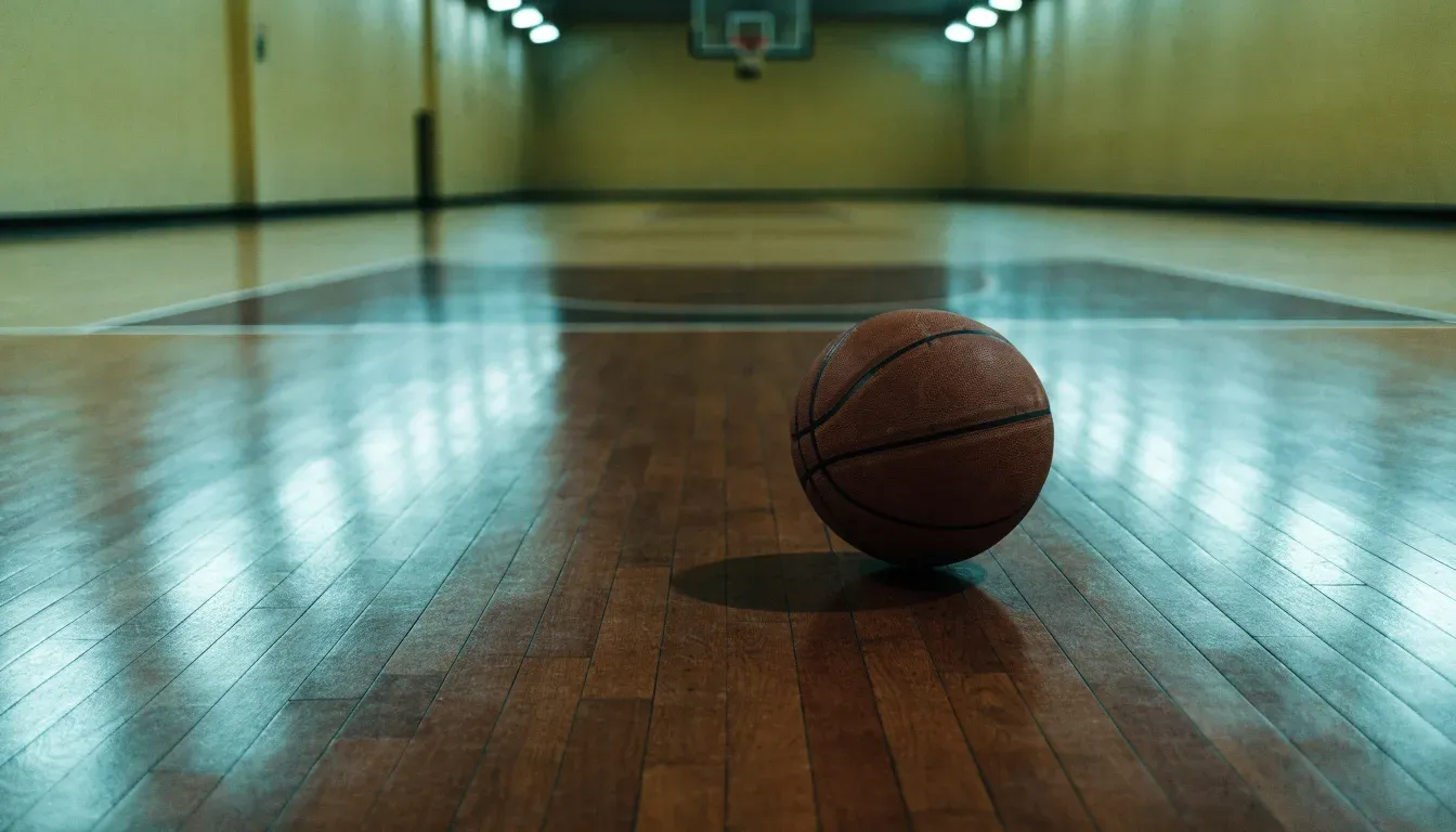 Ein Basketball liegt auf dem Parkett einer leeren Halle, von den Deckenlampen fällt gleichmässiges Licht auf den Boden.