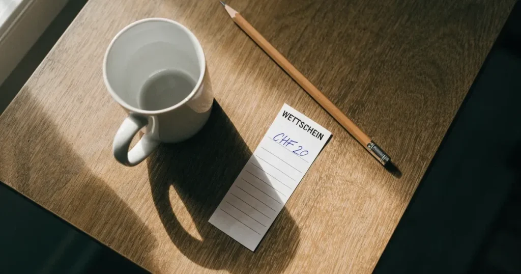 Ein leerer Wettschein aus Papier liegt auf einem Holztisch neben einem Bleistift und einem Kaffeebecher.