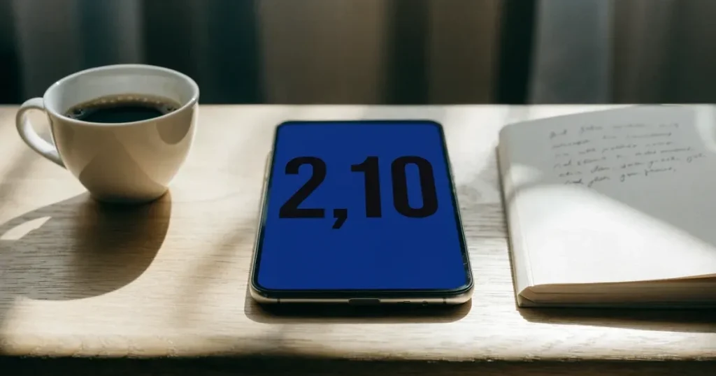 Ein Smartphone mit dunklem Display liegt neben einer Kaffeetasse auf einem hellen Tisch, daneben ein Notizblock.
