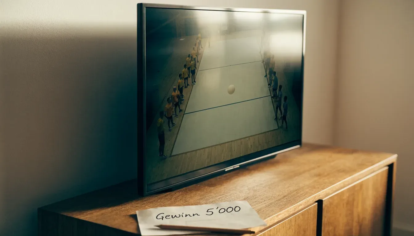 Ein Handballtor in einer leeren Sporthalle, der Ball liegt im Torraum und das Hallenlicht spiegelt sich im Parkett.