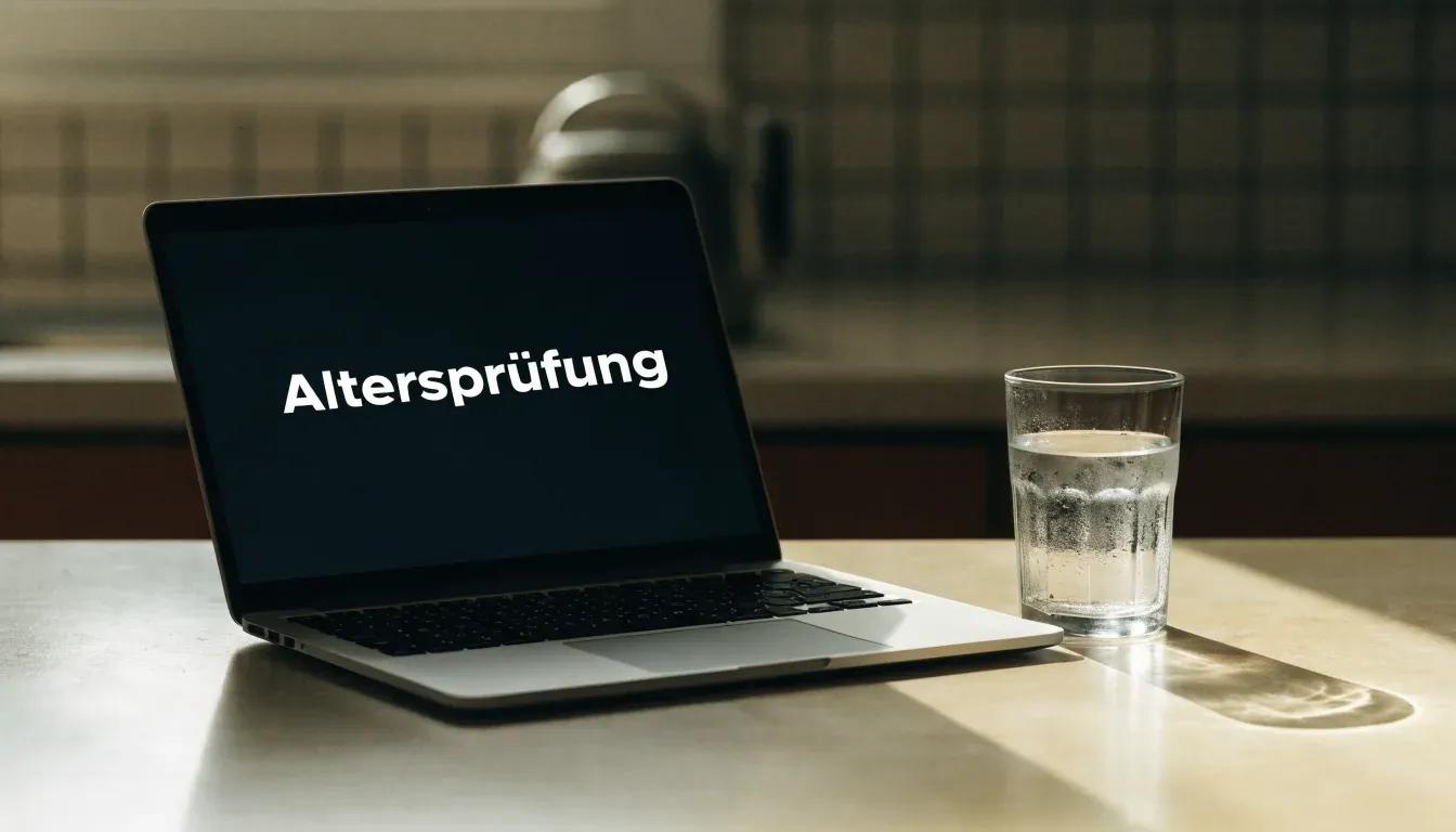 Ein geschlossener Laptop steht neben einem Glas Wasser auf einem Küchentisch im Licht des frühen Morgens.