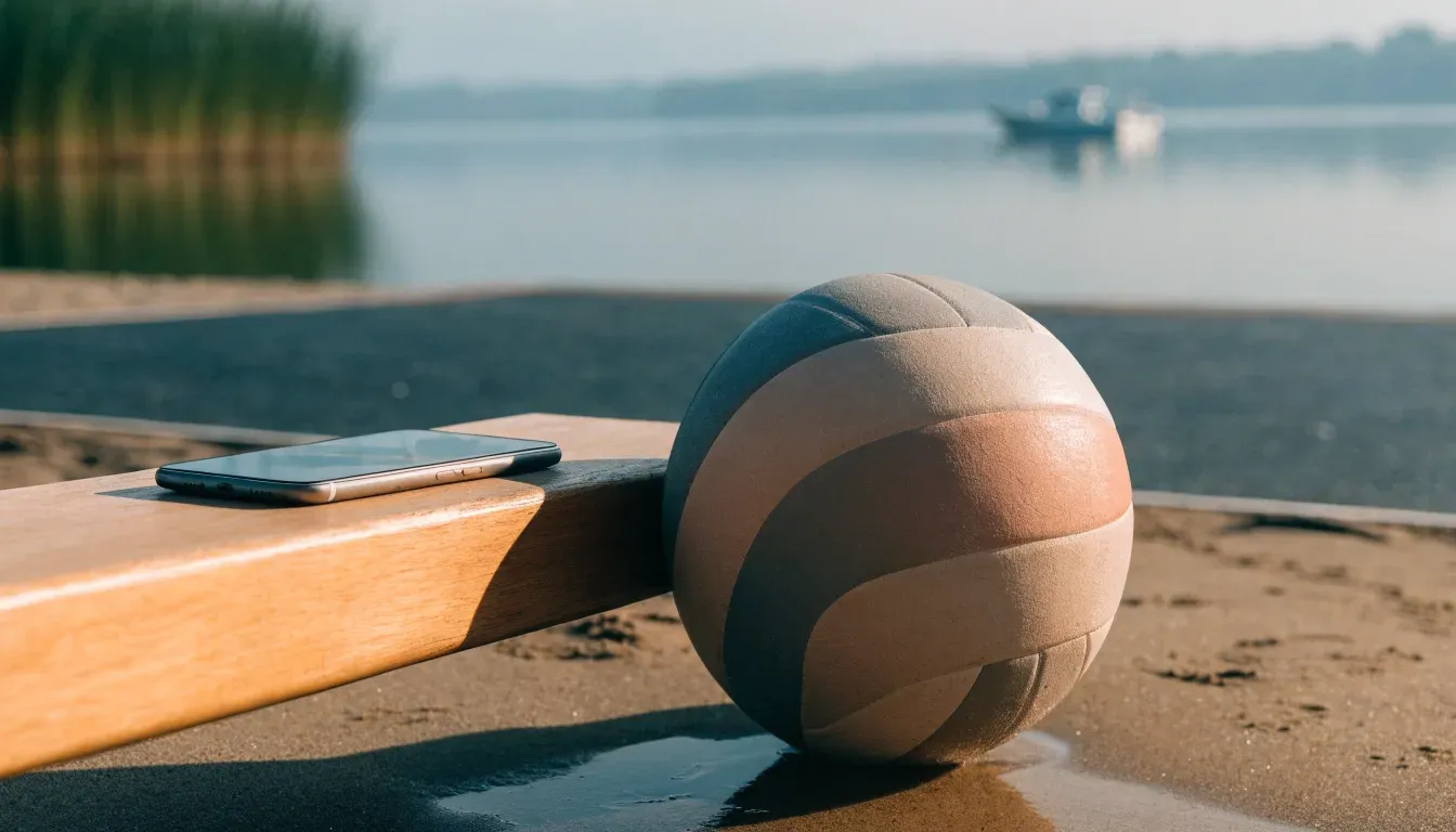 Ein Volleyball liegt im Sand eines Spielfelds am Seeufer, im Hintergrund gleitet ein Boot über das Wasser.