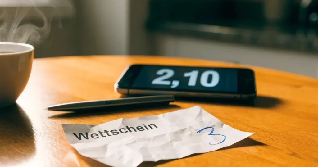 Eine kleine Geschenkschachtel mit Band steht auf einem Holztisch neben einer Tasse Tee im Licht eines Fensters.