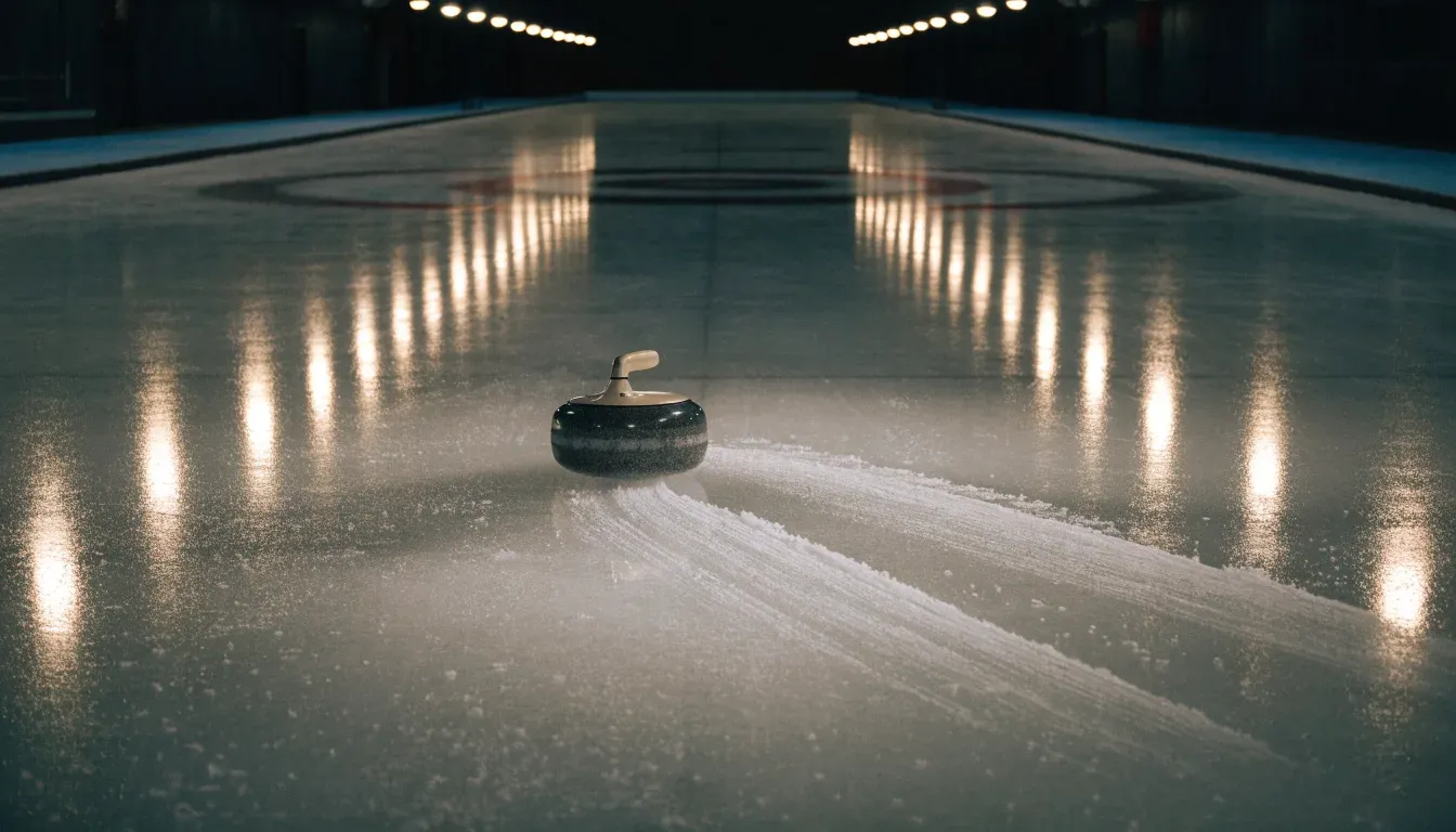 Mehrere Curlingsteine liegen auf einer glatten Eisfläche in einer leeren Halle, Deckenlicht spiegelt sich im Eis.