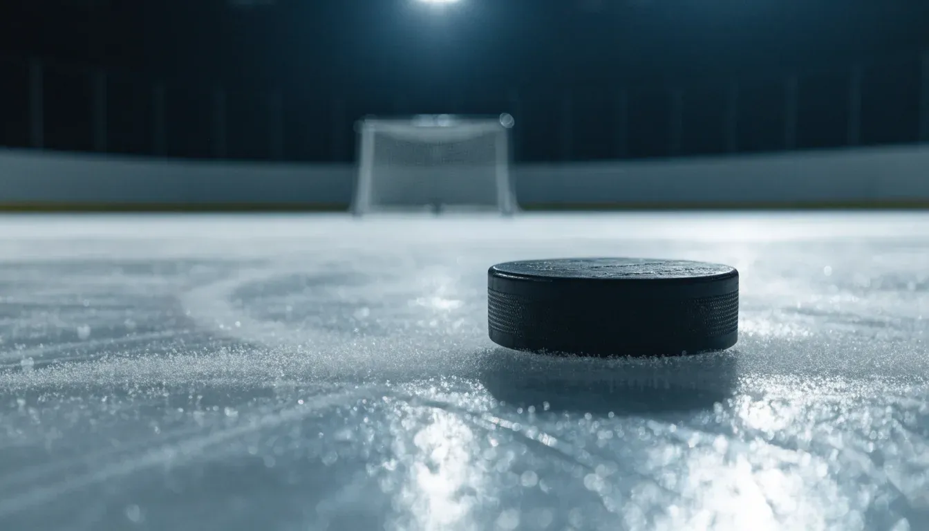Ein Eishockeypuck liegt in Grossaufnahme auf der Eisfläche, feine Kratzer im Eis glänzen im hellen Hallenlicht.