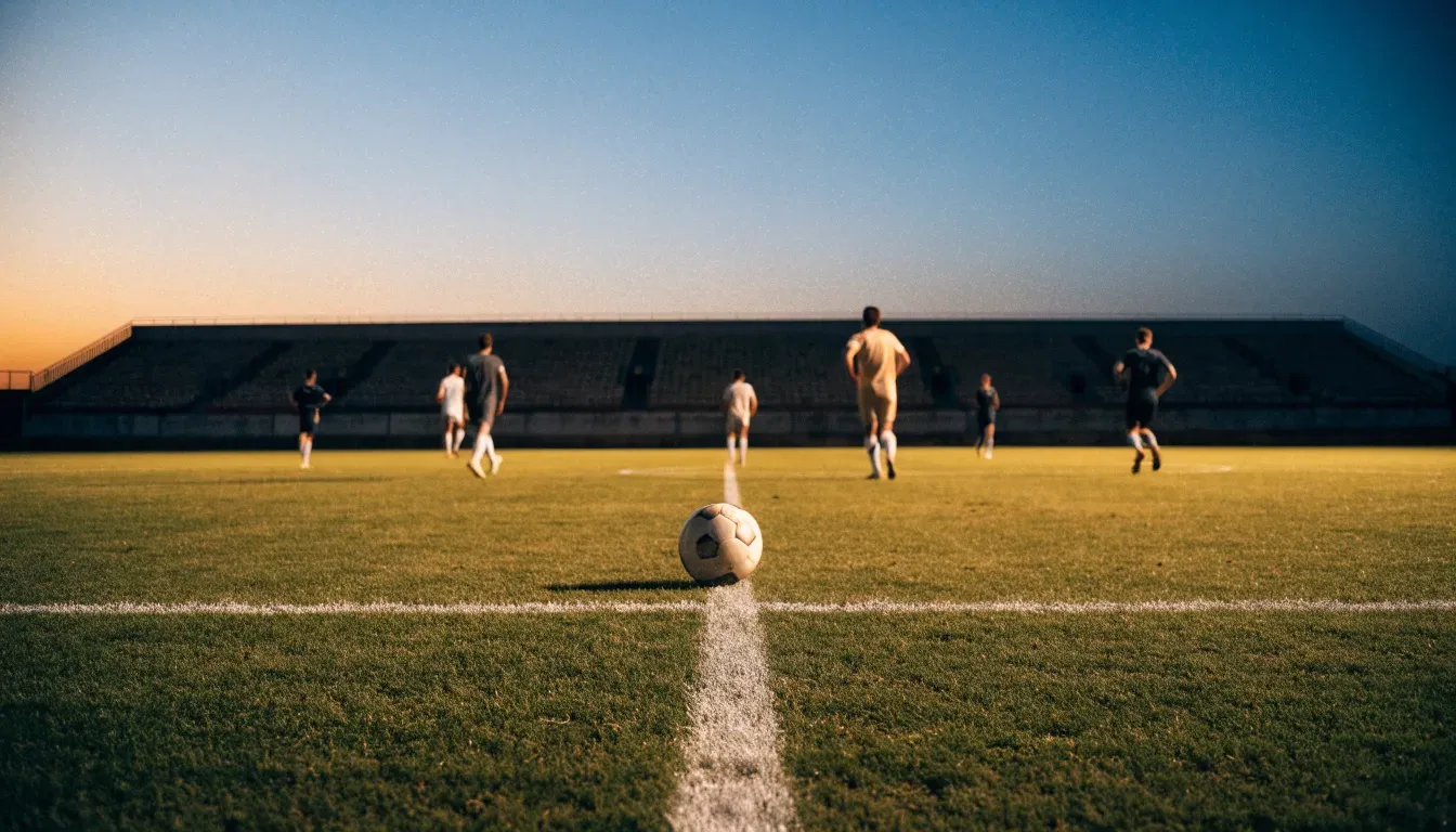 Ein Fussball liegt auf dem Mittelkreis eines leeren Rasenplatzes, dahinter ragen leere Tribünenreihen in den Abendhimmel.