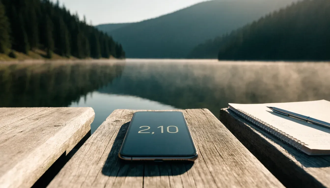 Ein Holzsteg führt über einen stillen Bergsee in den Alpen, über dem Wasser hängen bei Sonnenaufgang einzelne Nebelschwaden.