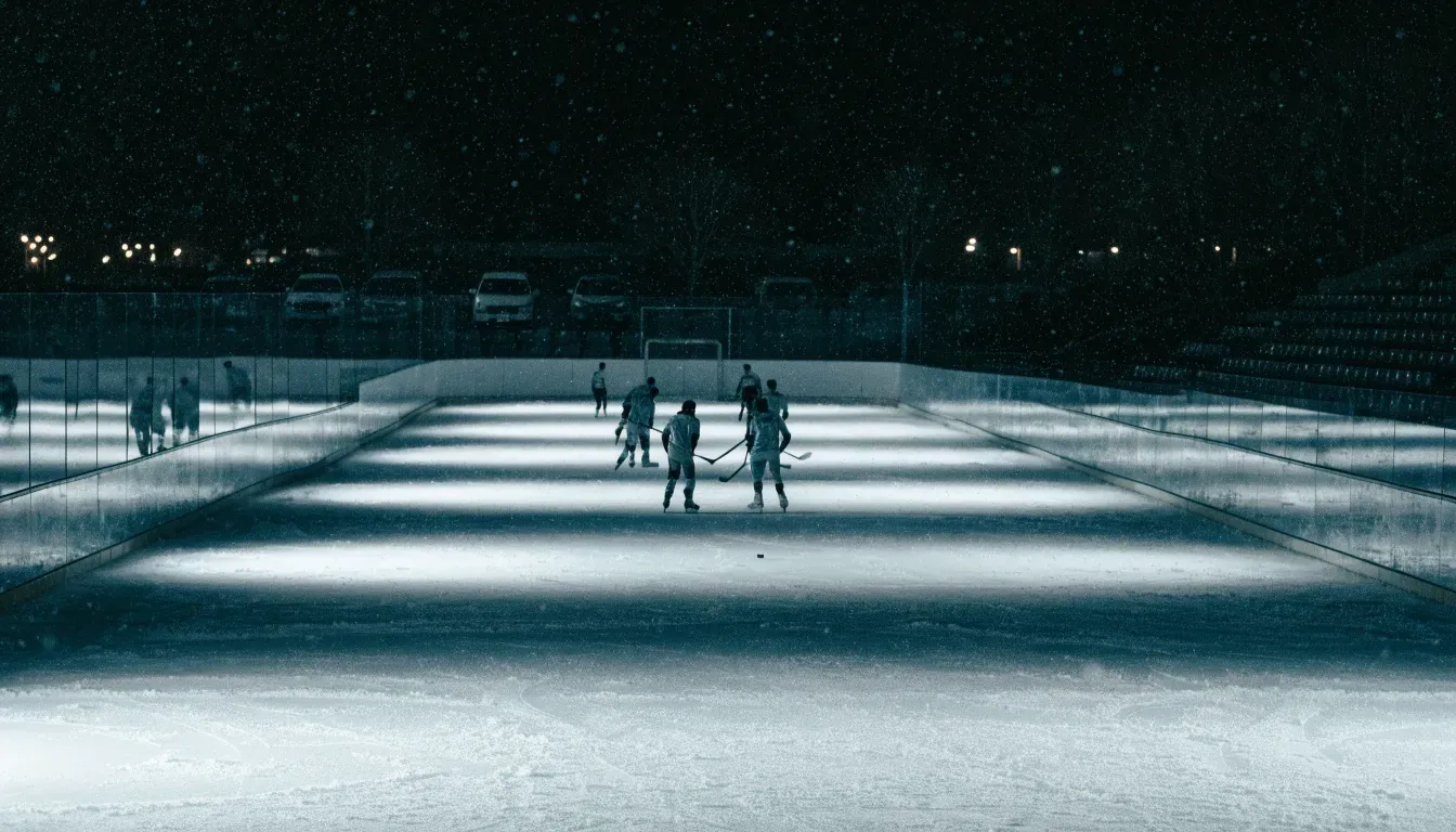 Eine Eishockeybahn liegt unter Flutlicht aus der Ferne betrachtet, leichter Schneefall treibt durch den Lichtkegel über dem Eis.