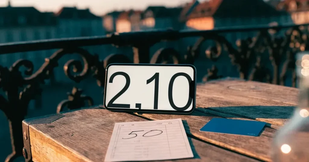 Ein Smartphone mit dunklem Display lehnt an einer Glasflasche auf einem Balkontisch, dahinter liegt eine Altstadt in der Abendsonne.