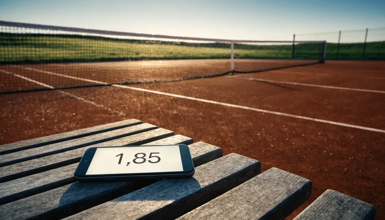 Ein Sandplatz für Tennis liegt bei Morgengrauen leer da, Tau glänzt auf dem Netz, hinter dem Zaun steigen Wiesen an.
