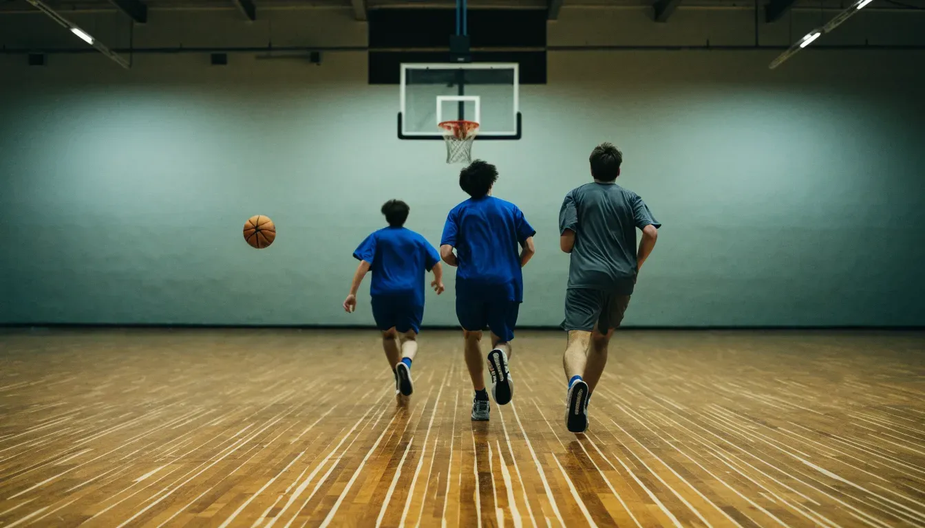 Ein Basketballkorb hängt in einer leeren Halle über einem Holzparkett, von der Decke fällt gleichmässiges Licht auf den Boden.