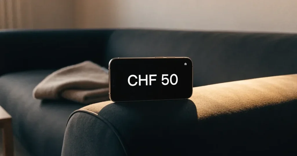 Ein Smartphone mit dunklem Display liegt auf der Lehne eines Sofas neben einer Wolldecke, warmes Abendlicht fällt ins Zimmer.