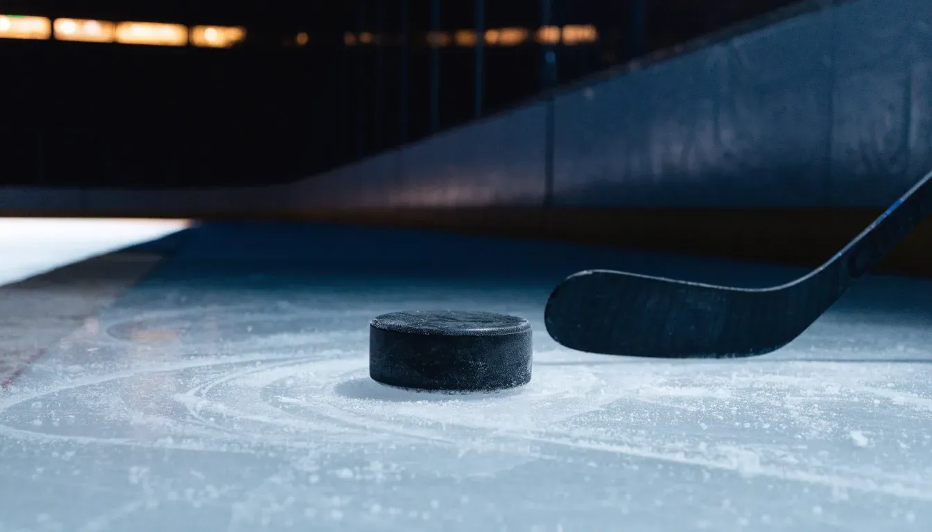 Ein Eishockeypuck liegt auf der Eisfläche neben dem Blatt eines Schlägers, die Bande dahinter ist im Dunkeln nur schwach zu erkennen.