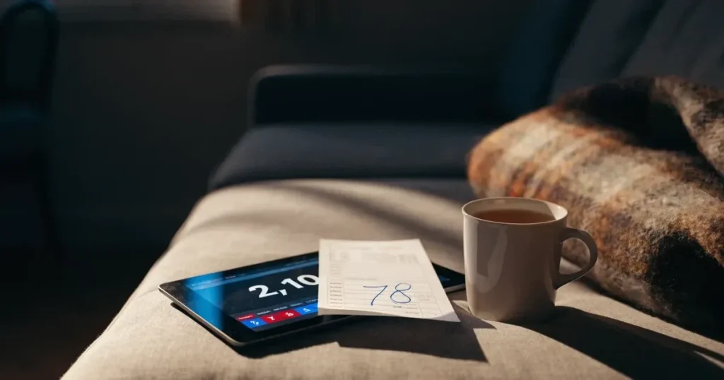 Ein Tablet mit schwarzem Display liegt auf einem Sofakissen, daneben ein Becher mit Tee, vom Fenster her fällt Abendlicht.