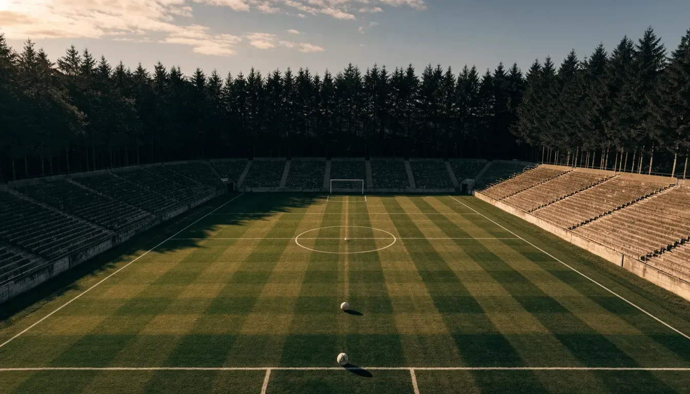 Ein Rasenplatz mit Spielfeldlinien ist von oben gesehen, ein einzelner Ball liegt in der Mitte, rundherum stehen leere Tribünen und Tannenwald.
