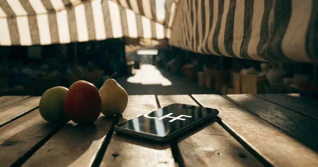 Ein Smartphone mit dunklem Display liegt auf dem Holztisch eines Marktstands zwischen Äpfeln und Birnen, morgendliches Licht fällt durch eine Plane.