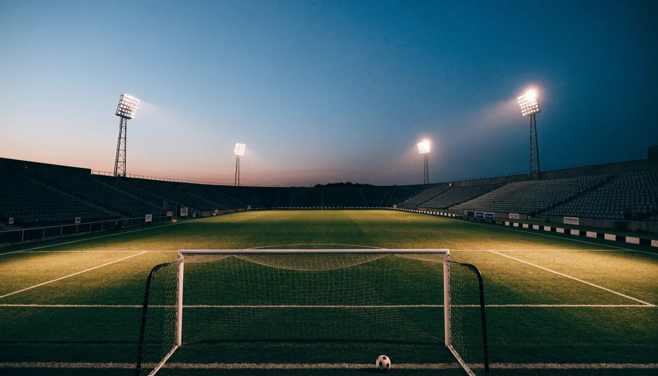 Leere Tribünenränge eines Fussballstadions in der Abenddämmerung, über dem Rasen leuchten die Flutlichter.