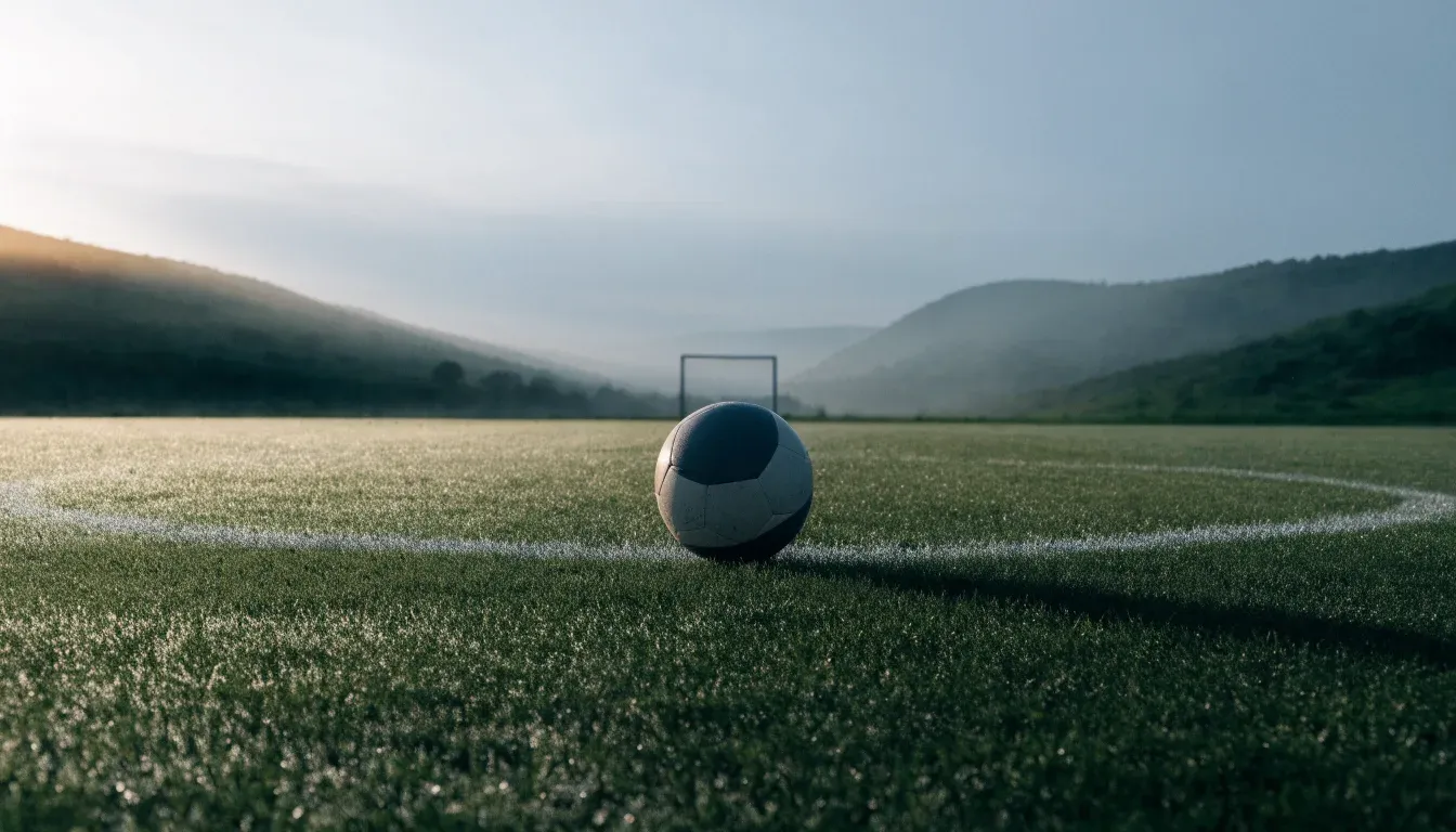 Ein Fussball liegt am frühen Morgen auf dem Anstosspunkt eines taunassen Rasens, im Hintergrund erheben sich Hügel im Dunst.
