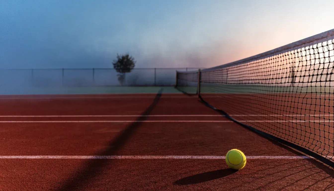 Ein Tennisplatz im Morgengrauen mit gespanntem Netz und feinem Dunst über der roten Asche.