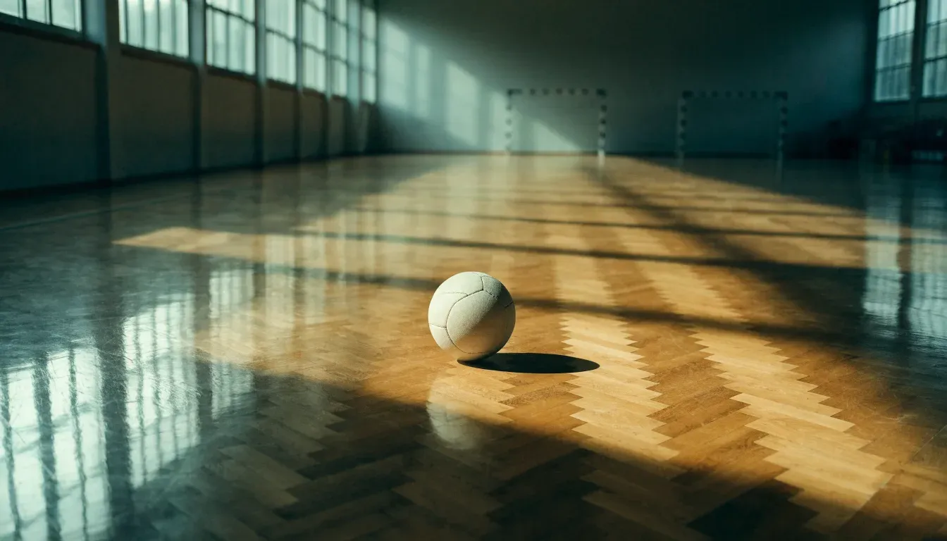Der Boden einer Sporthalle aus poliertem Parkett mit einem einzelnen Handball in der Mitte, Licht fällt durch hohe Fenster.