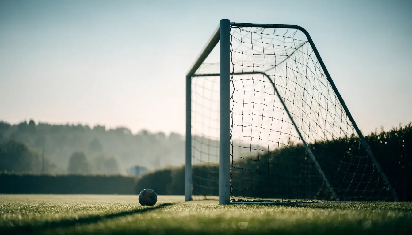 Ein Fussballtor mit locker hängendem Netz auf einem Trainingsplatz, das sich leicht im Wind bewegt.