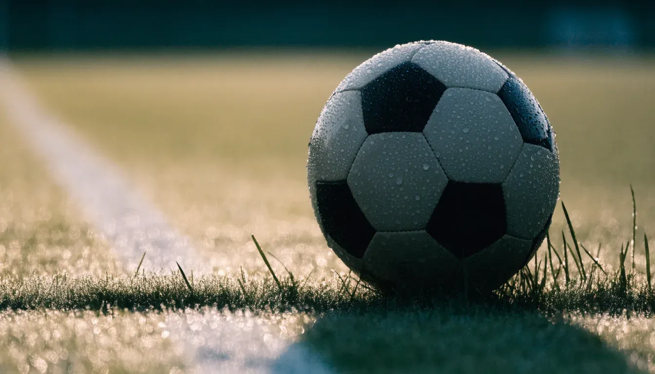 Ein Fussball ruht an der Seitenlinie im taufeuchten Gras, die ersten Sonnenstrahlen fallen schräg über den Platz.