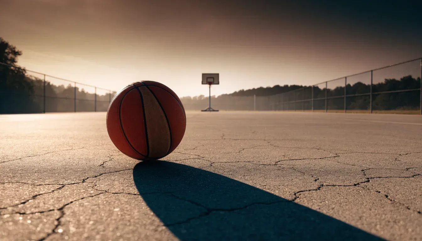 Ein Basketball liegt bei Sonnenuntergang auf einem leeren Aussenplatz, lange Schatten fallen über den Boden.
