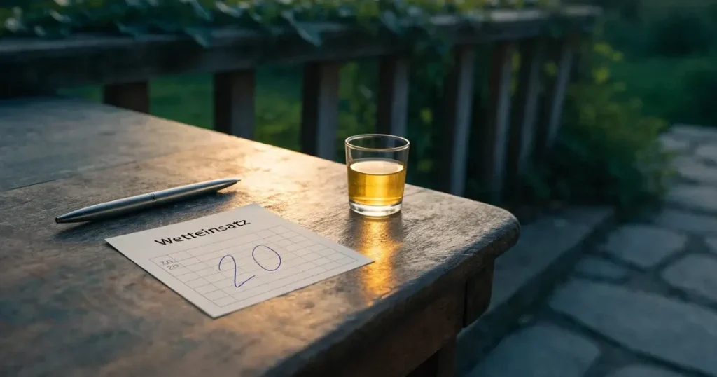 Ein leeres Wettschein-Papier und ein Kugelschreiber liegen auf einem Gartentisch auf einer Terrasse, daneben steht ein Windlicht.