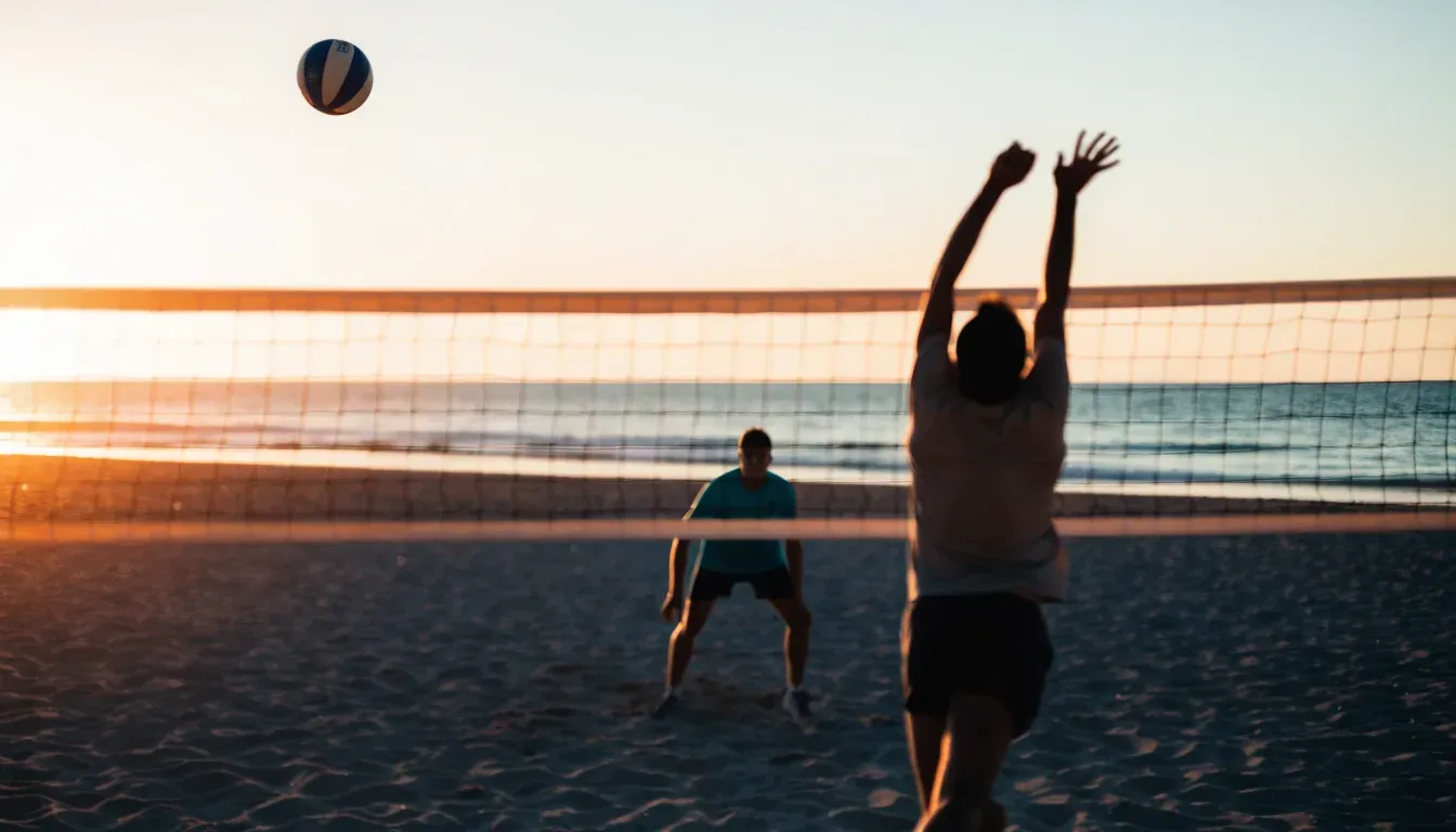 Ein Volleyball liegt auf feinem Sand an einem leeren Strand bei Sonnenaufgang.