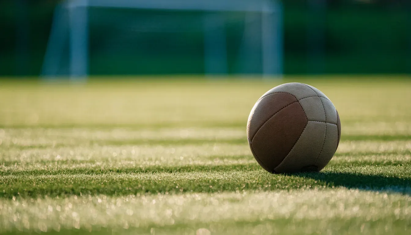 Ein Fussball auf dem Rasen aus niedriger Perspektive aufgenommen, die Torpfosten verschwimmen im Hintergrund.