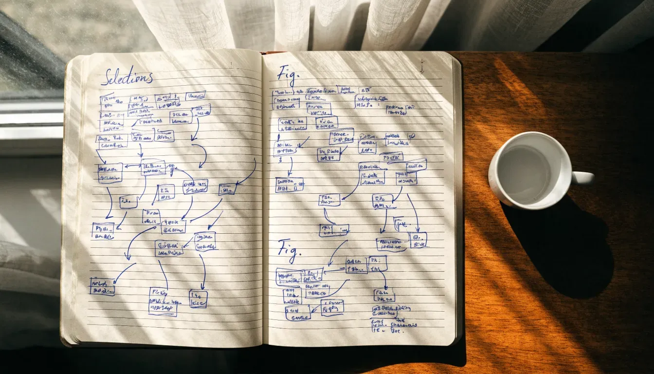 Ein aufgeschlagenes Notizbuch mit handschriftlichen Pfeilen und Kästchen liegt neben einer Kaffeetasse auf einem Schreibtisch am Fenster.