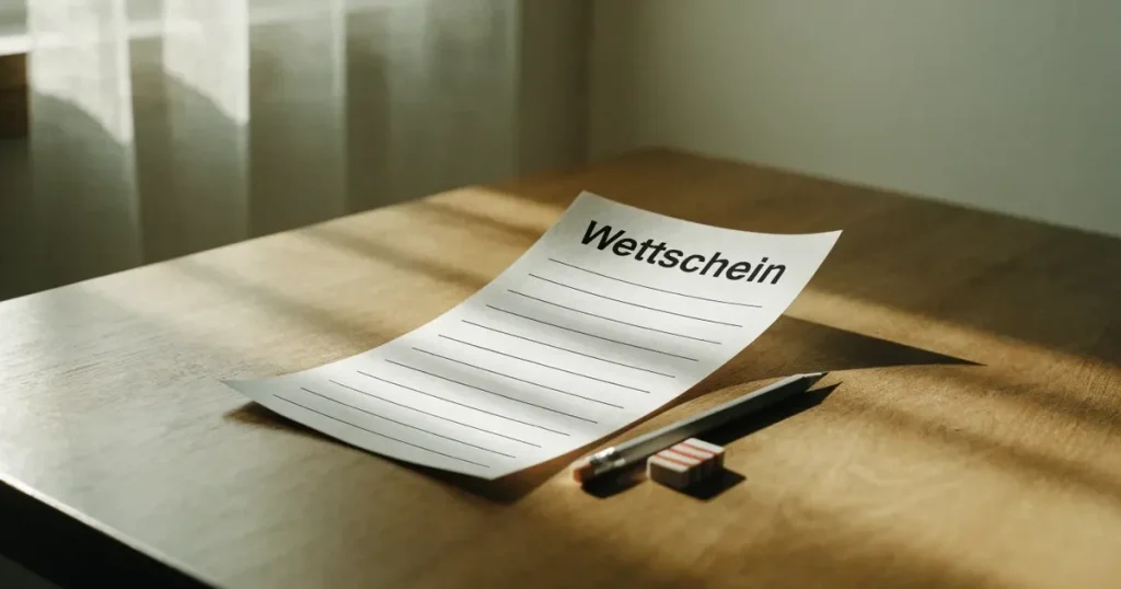 Ein leerer Wettschein aus Papier liegt neben einem Bleistift und einem Radiergummi auf einem hellen Holztisch im Tageslicht.