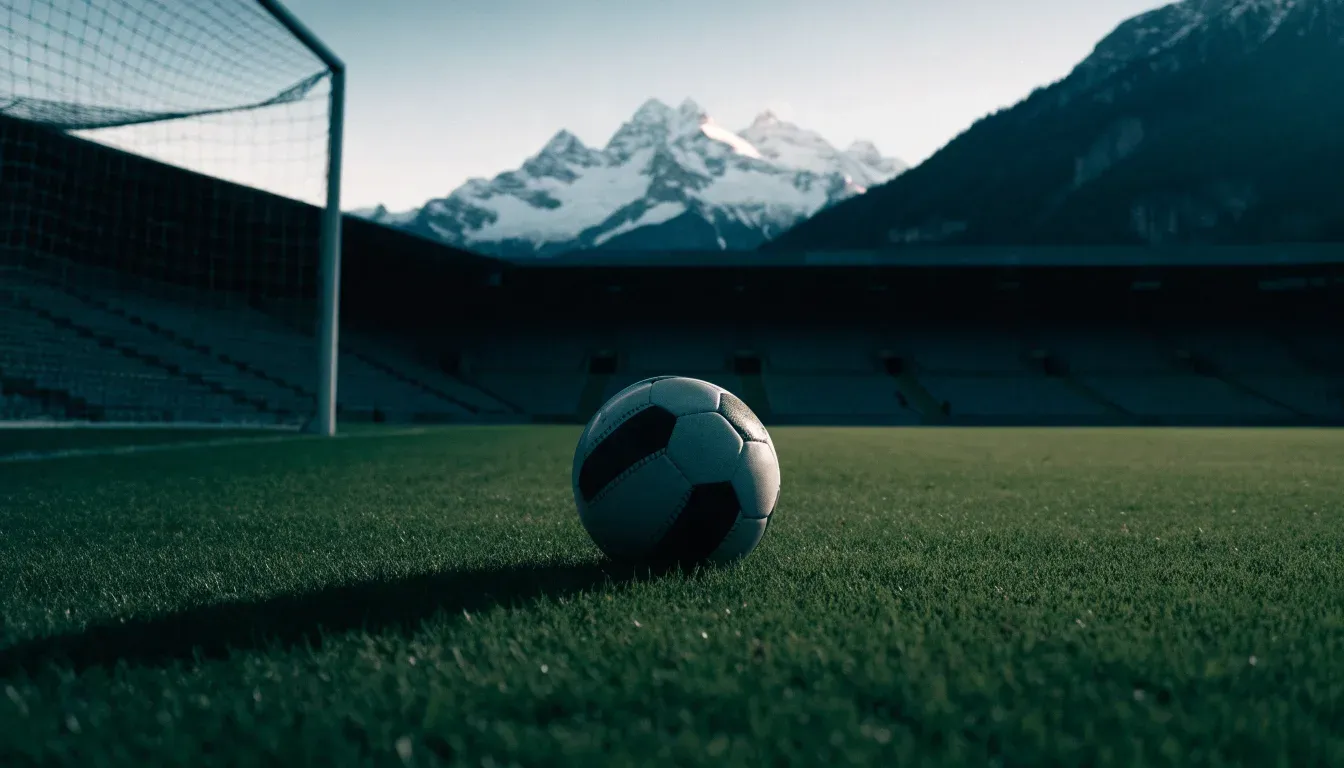 Ein Fussball liegt auf dem Rasen eines leeren Stadions am frühen Abend, dahinter erheben sich schneebedeckte Berge unter klarem Himmel.