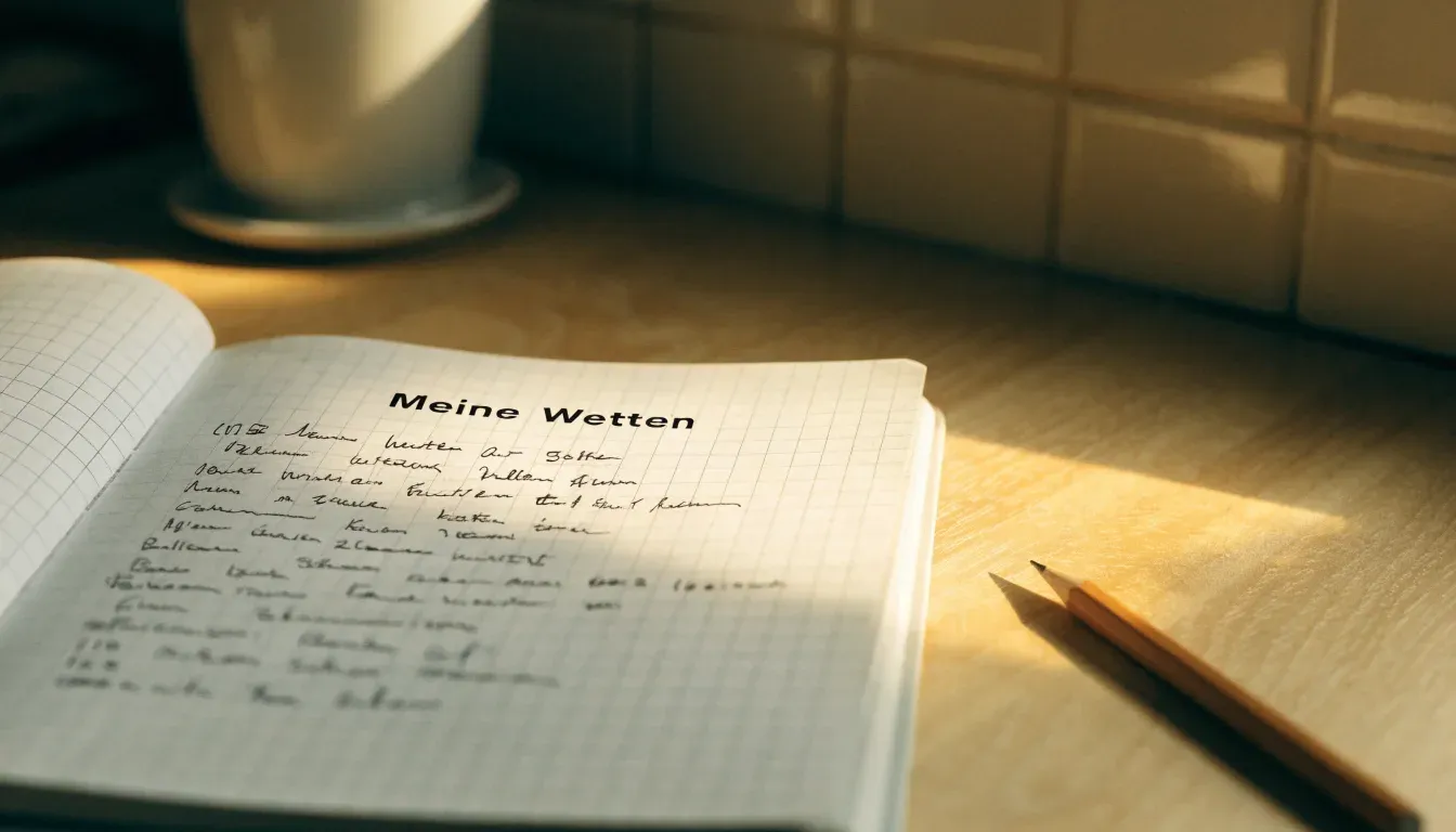 Ein leeres kariertes Heft und ein Bleistift liegen auf einem Küchentisch im warmen Licht des späten Nachmittags.