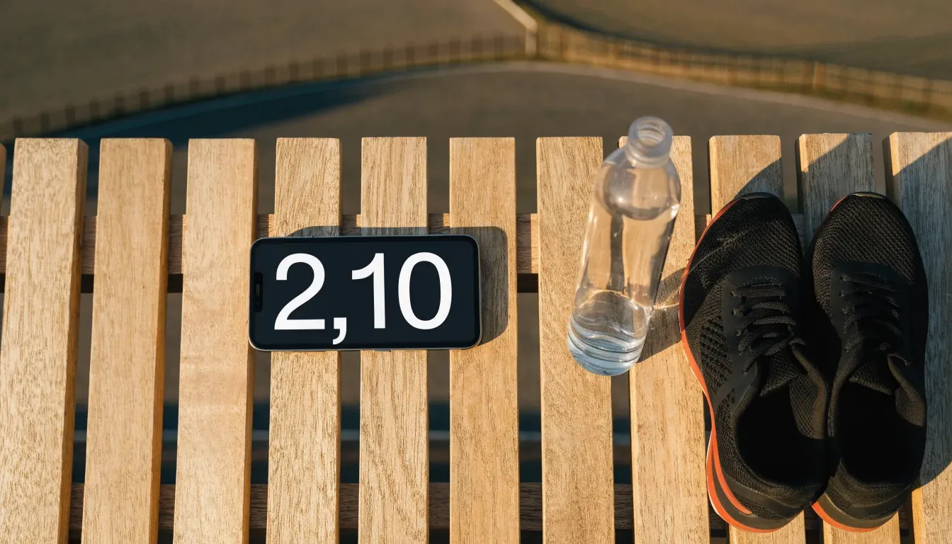 Ein Smartphone mit dunklem Bildschirm lehnt an einer Wasserflasche, daneben stehen Laufschuhe auf einer Bank am Sportplatz.