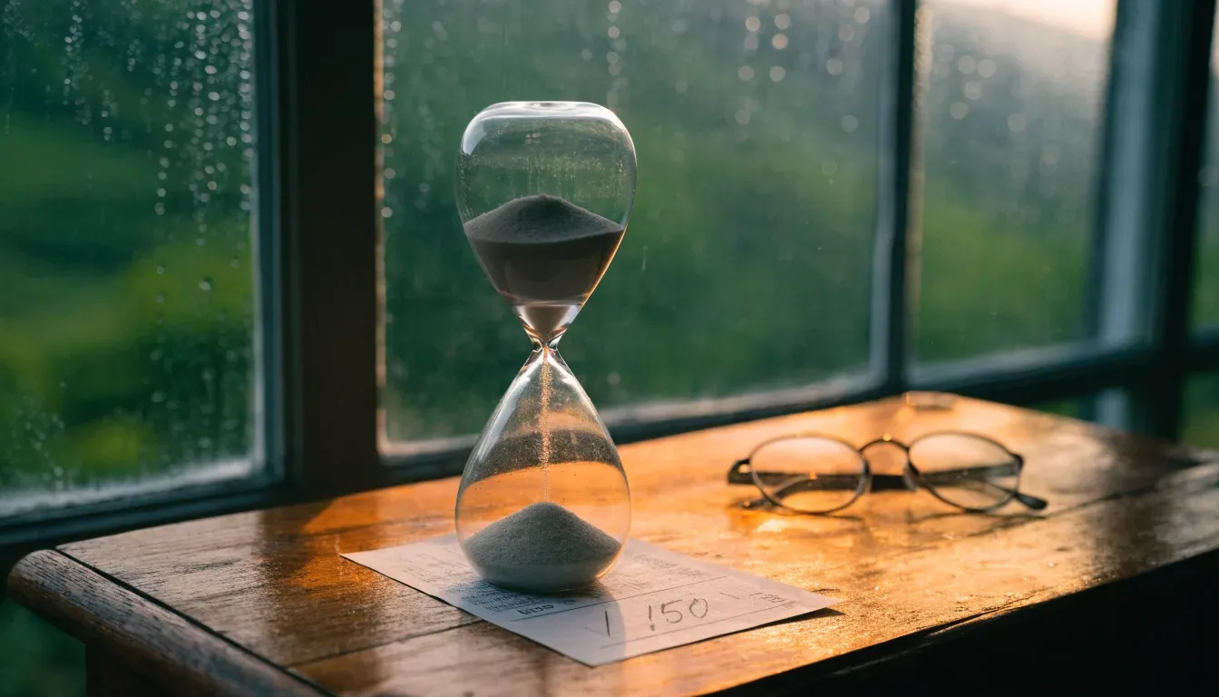 Eine Sanduhr steht auf einem Holztisch neben einer Brille, hinter dem Fenster laufen Regentropfen über das Glas.