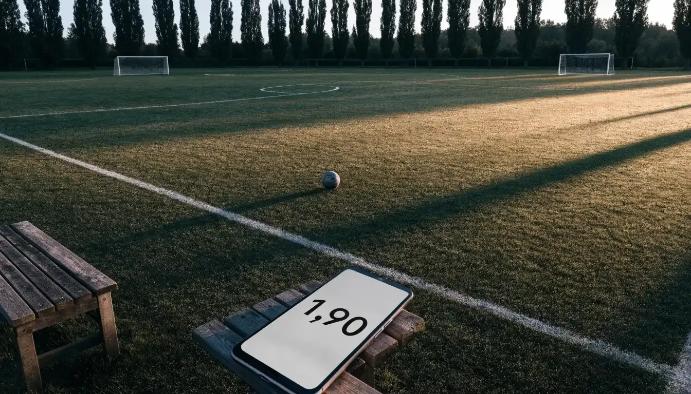 Ein leerer Fussballplatz mit weissen Linien von oben gesehen im Morgenlicht, am Rand stehen zwei Tore und eine Reihe Pappeln.