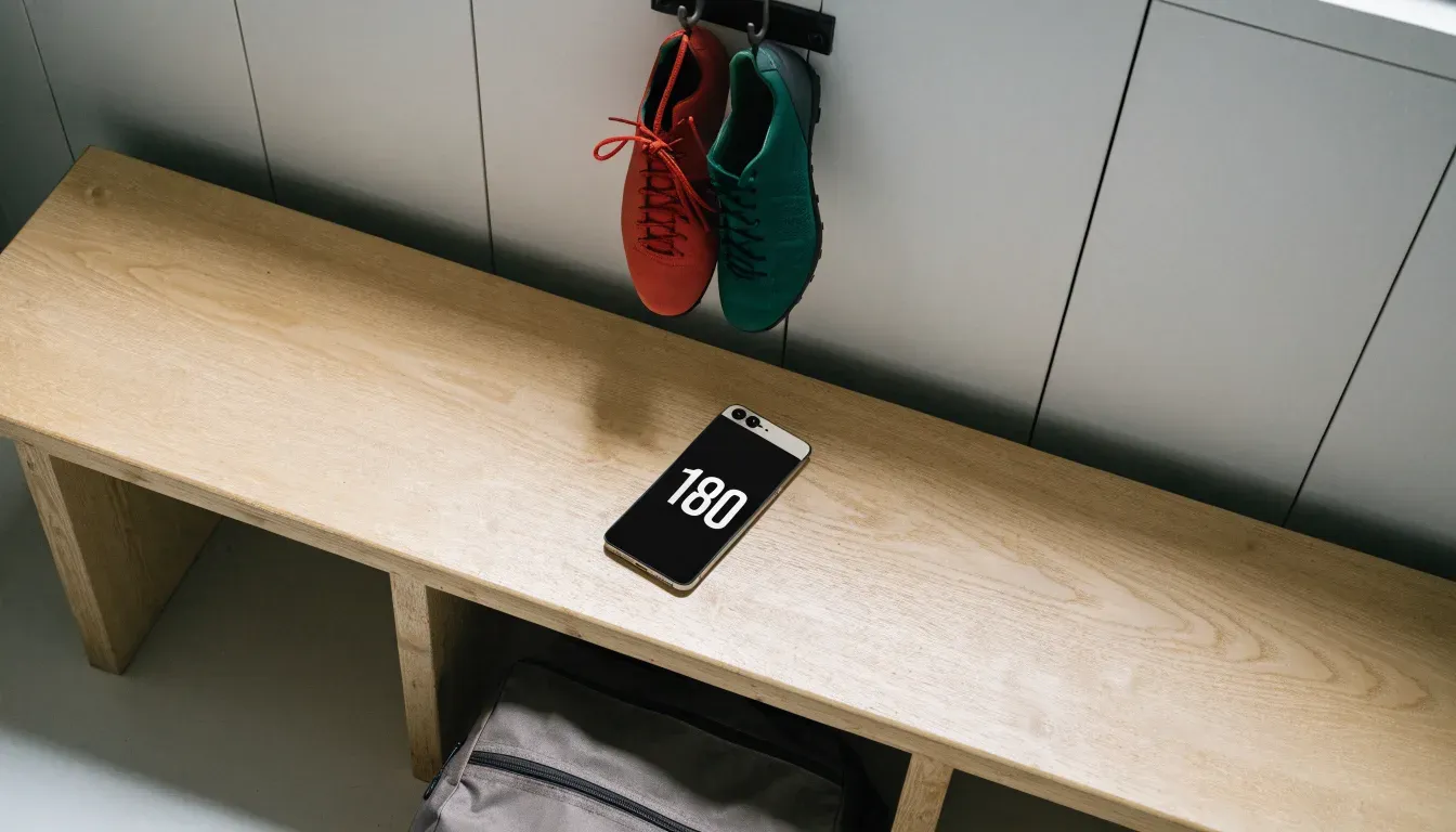 Ein Paar Fussballschuhe hängt an einem Haken in einer ruhigen Umkleide, darunter steht eine Sporttasche auf einer Holzbank.