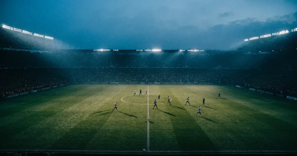 Ein Fussballspiel am Abend aus der Tribünenperspektive, die Spieler sind nur als kleine Figuren zu erkennen und das Flutlicht beleuchtet den nassen Rasen.